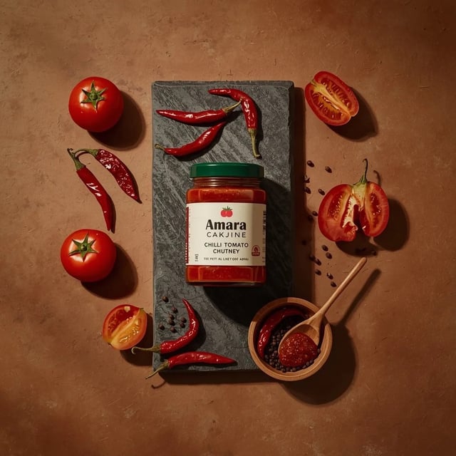 Top-down premium food photography of a glass jar of chili tomato chutney placed on a dark stone slab