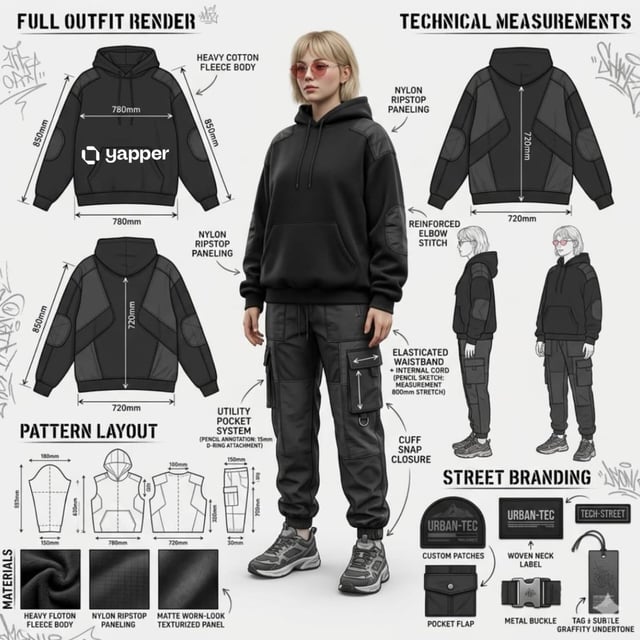 Using the attached image, create a professional industrial fashion design illustration sheet for a h