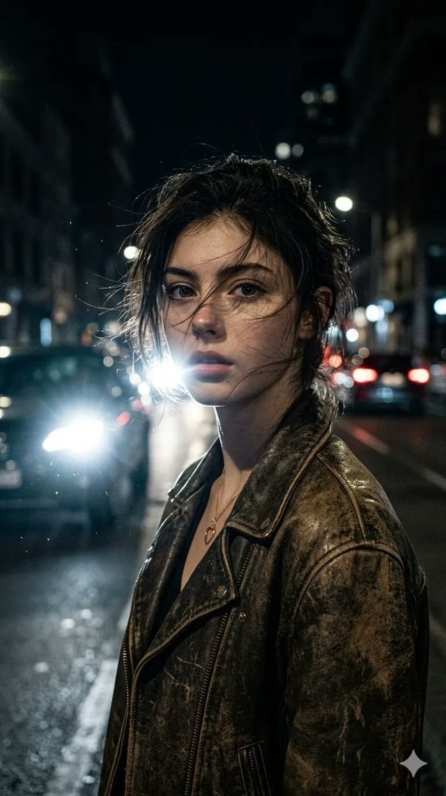 Ultra-realistic portrait of a woman (from uploaded image), messy hair slightly windswept, wearing a 