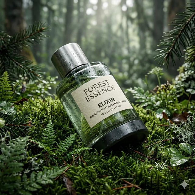 Ultra-realistic premium fragrance product shot of a perfume bottle (Forest Essence Elixir), position