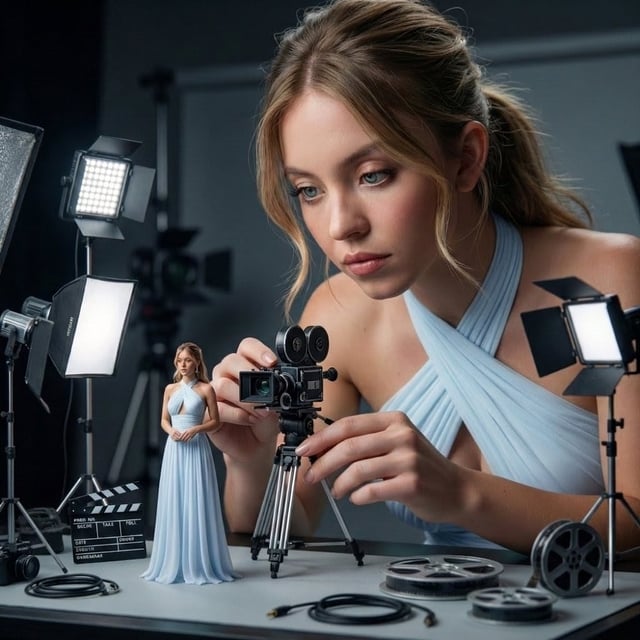 A hyper-realistic cinematic scene of a giant woman filmmaker carefully adjusting a miniature vintage