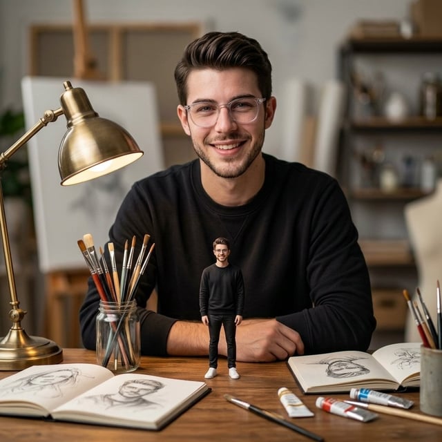 Ultra-realistic cinematic portrait of a young man sitting at a wooden desk in a cozy art studio, smi