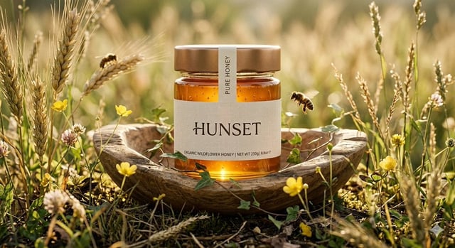 Ultra-realistic cinematic product shot of a premium honey jar placed inside a shallow wooden hollow 