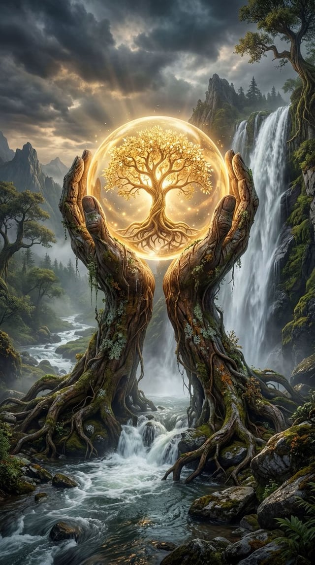 A majestic, ancient gnarled tree with thick, twisting roots sits at the center of a lush, mystical l