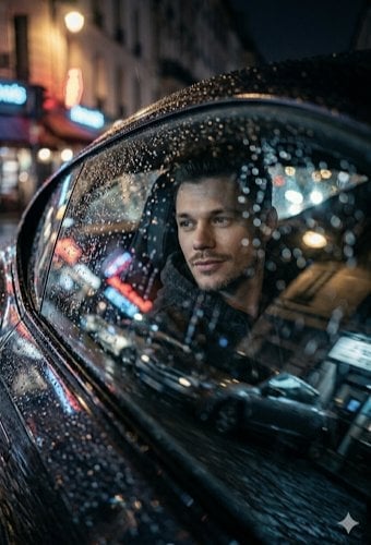 A low-angle, cinematic close-up shot looking through a rain-slicked car window. Inside the car, a co
