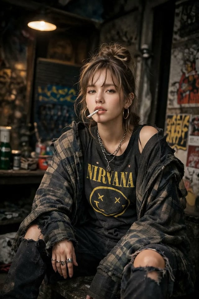 A high-detail photograph of a defiant woman posing nonchalantly. She has a messy aesthetic, wearing 