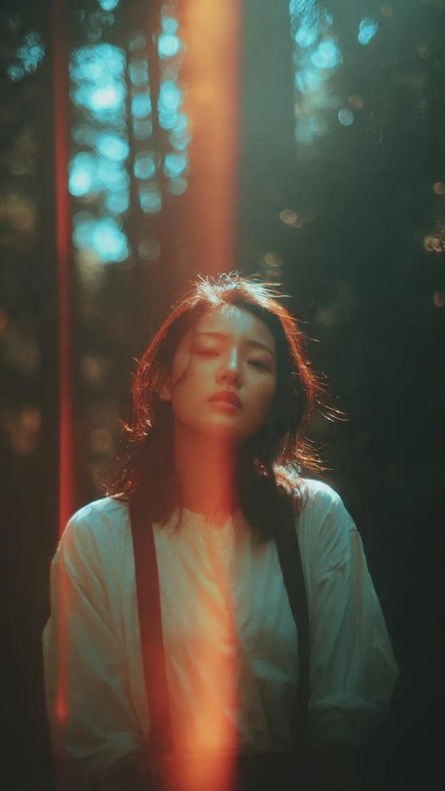 A cinematic portrait of an Asian woman standing in a quiet forest, captured in a spontaneous moment 