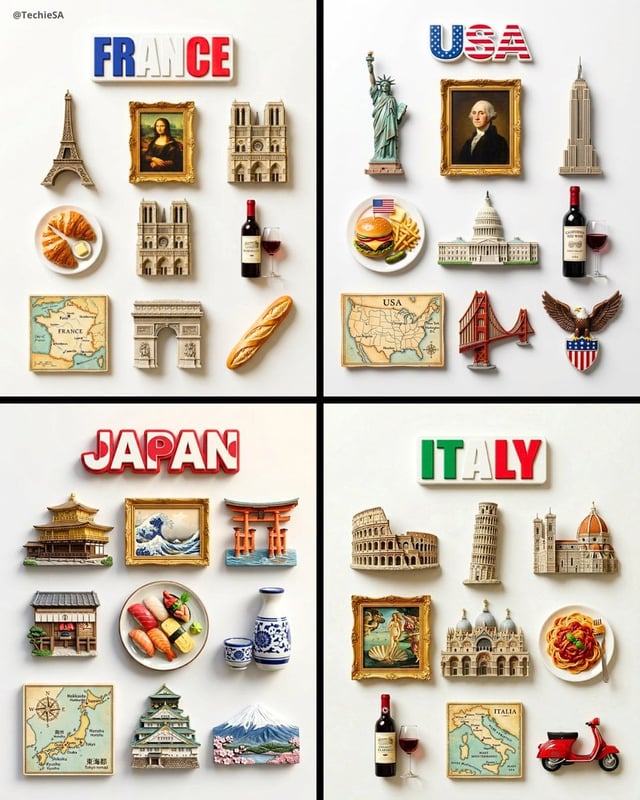 A flat-lay collection of exactly 9 hyper-realistic 3D resin fridge magnets arranged on a plain matte