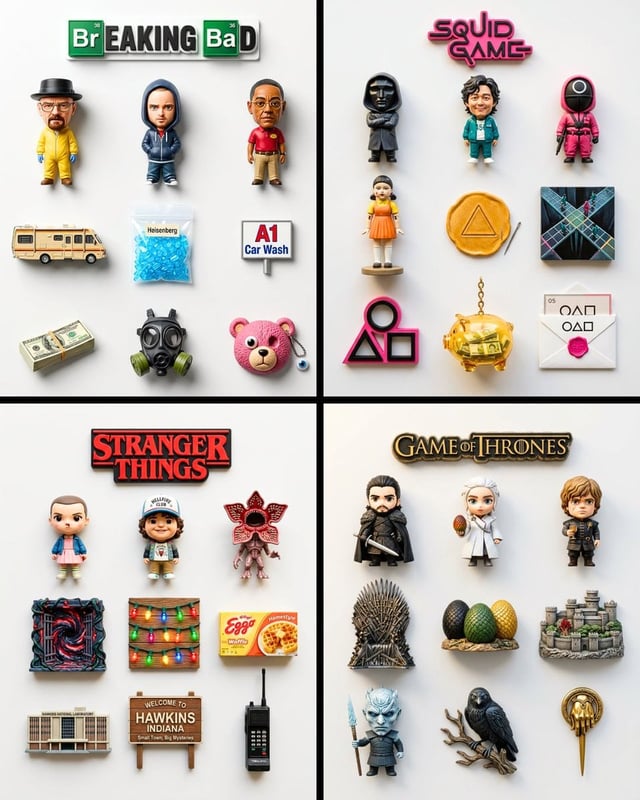 A flat-lay collection of exactly 9 hyper-realistic 3D resin fridge magnets arranged on a plain matte