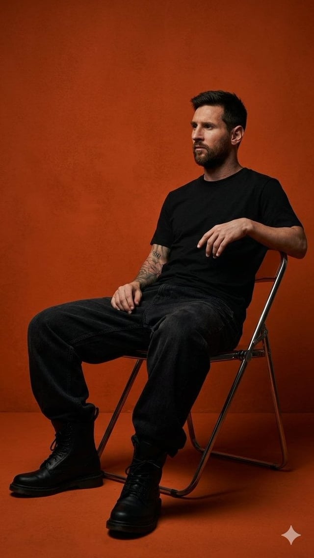 Use model (the person in the image) you create a dark orange studio photo featuring a young man sitt