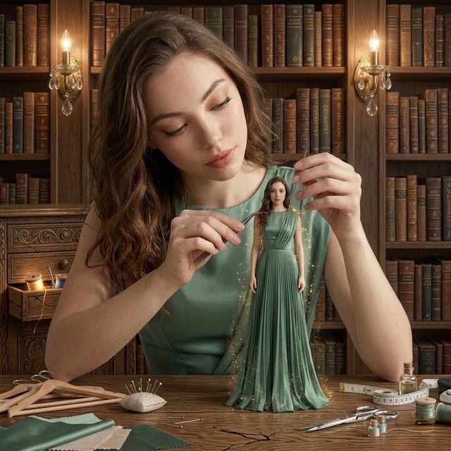 A hyper-realistic cinematic scene of a young woman sitting at a wooden desk in a vintage library fil