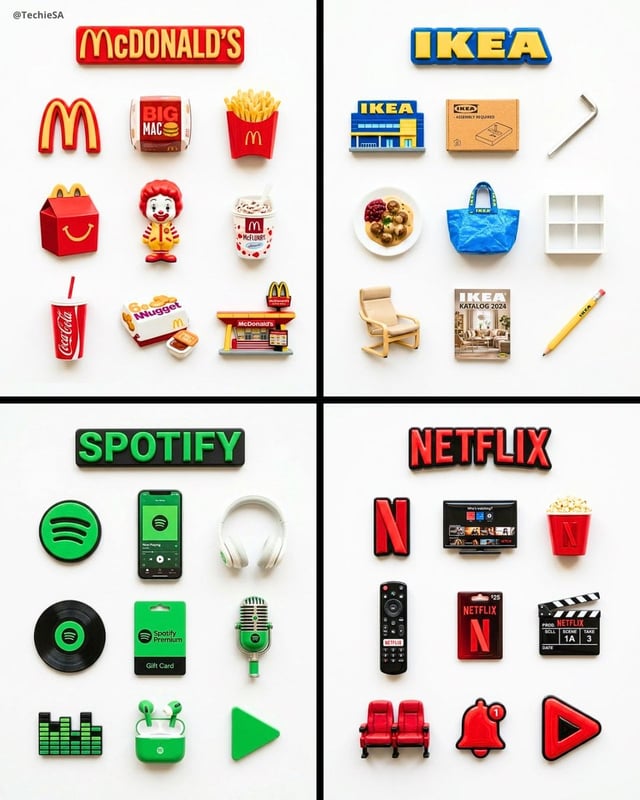 A flat-lay collection of exactly 9 hyper-realistic 3D resin fridge magnets arranged on a bright pure