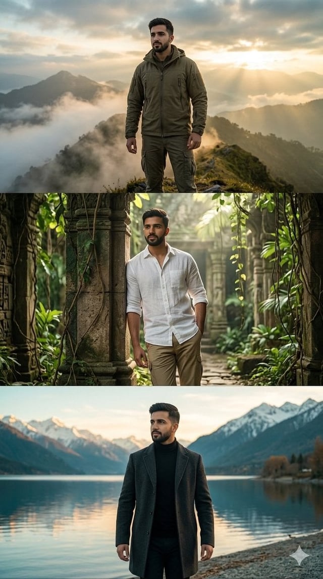 Create a hyper-realistic three-panel vertical cinematic collage in 9:16 aspect ratio, editorial fash
