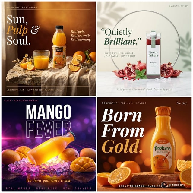 High-end cinematic campaign poster. A Minute Maid Pulpy orange bottle positioned off-center right on