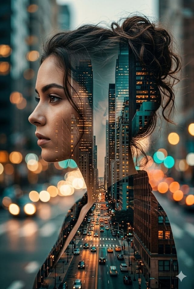 A cinematic double exposure portrait of a young woman hollywood actress in profile, her hair in a me