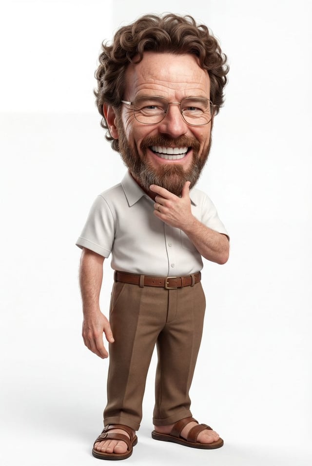 A highly detailed 3D caricature of a cheerful man with an oversized head, a big smile showcasing lar