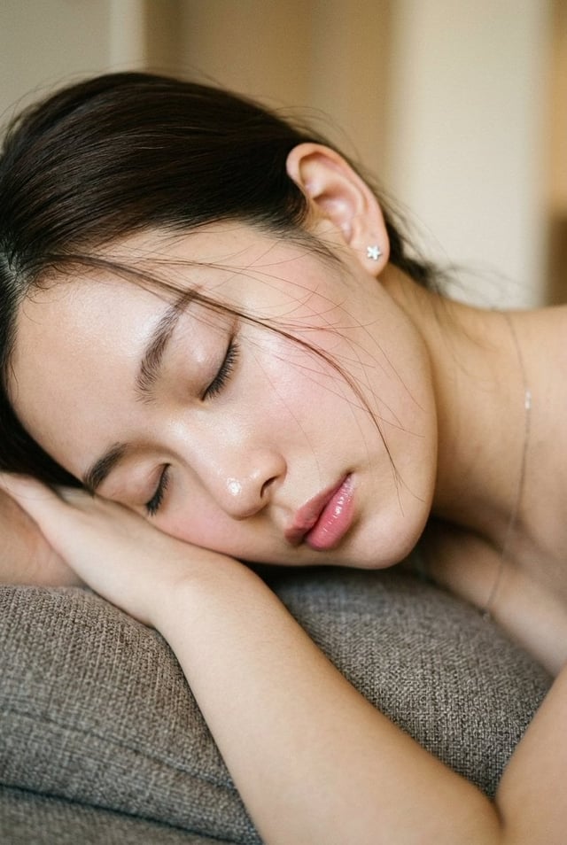 {   "subject": {     "description": "Extreme close-up profile portrait of a young woman resting.",  