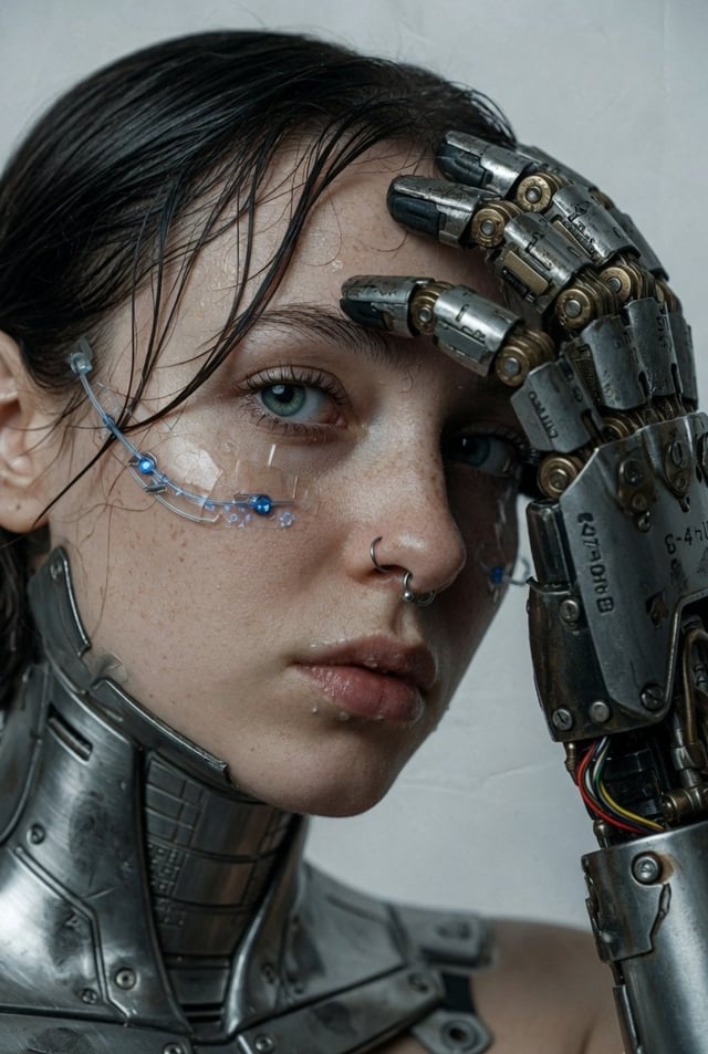 A hyper-realistic, cinematic extreme close-up portrait of a young woman with fair, freckled skin and