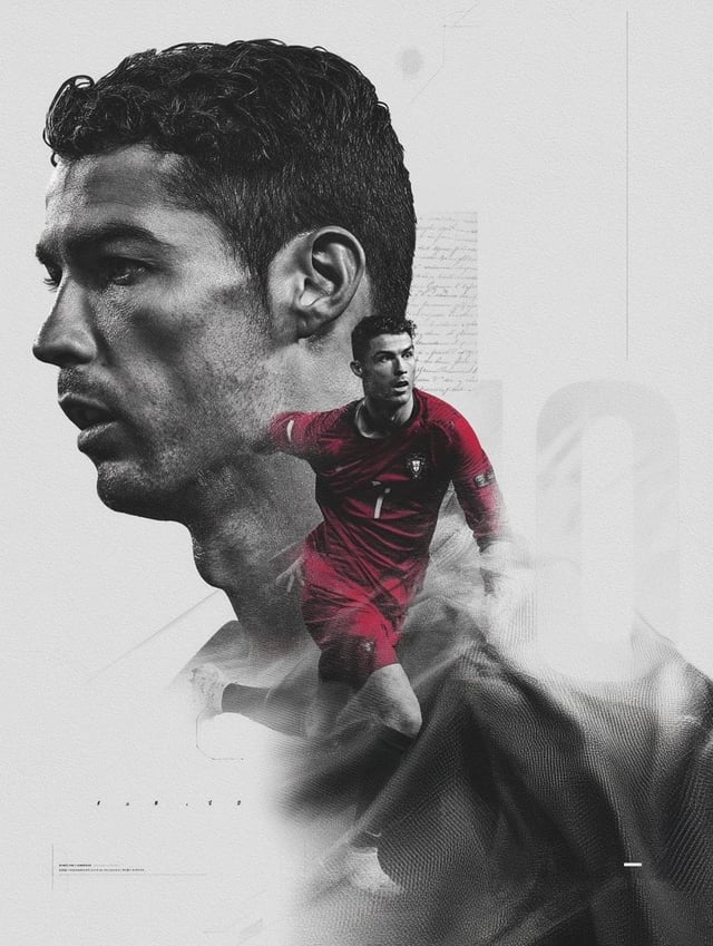A dramatic double exposure portrait of a professional football player, large side-profile face in bl
