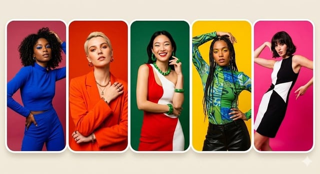 5 panel colorful portrait collage, fashion models, monochrome backgrounds (pink, red, green, yellow)