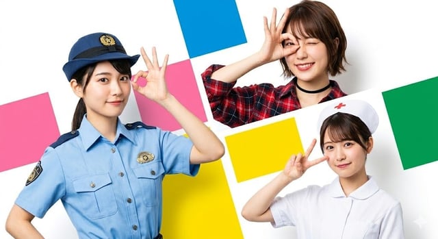 High-resolution Japanese commercial advertisement style photo, three young women posing against a cl