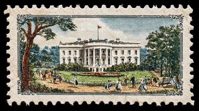a vintage postage stamp depicting [iconic monument of a capital with people interacting in the scene