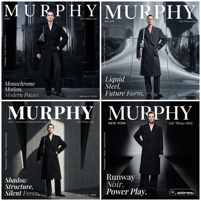Murphy magazine fashion editorial photograph. Androgynous model early 30s, sharp bone structure, fla
