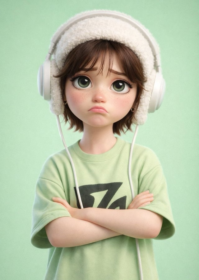 A stylized 3D cartoon character of a [PERSON] with big expressive eyes and a slightly sad, pouty exp