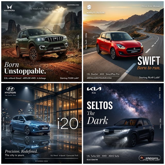Hyper-realistic professional automotive commercial ad poster. [BRAND] [MODEL] in [COLOR] parked at a