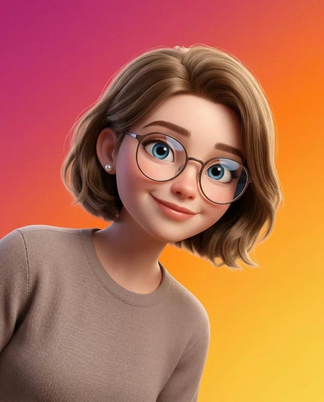 A stylized Pixar-style 3D portrait of a young person with smooth skin, large expressive blue eyes, s