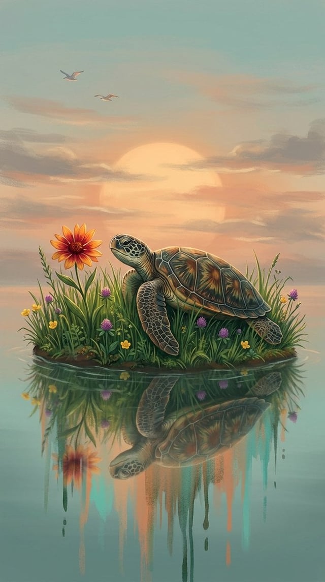 A digital fantasy illustration of a small turtle resting on a grassy riverbank at twilight. The turt