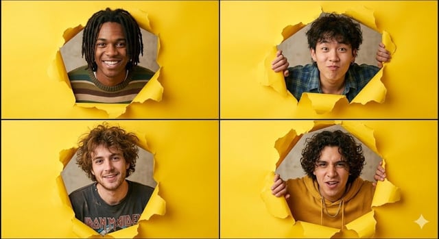 A high-resolution 2x2 grid collage of four individual portraits. In each square, a different young m