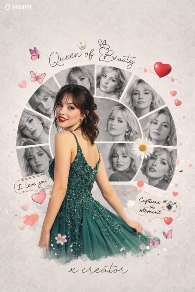 A creative romantic digital photo collage featuring a young handsome woman in a peacock green frock.
