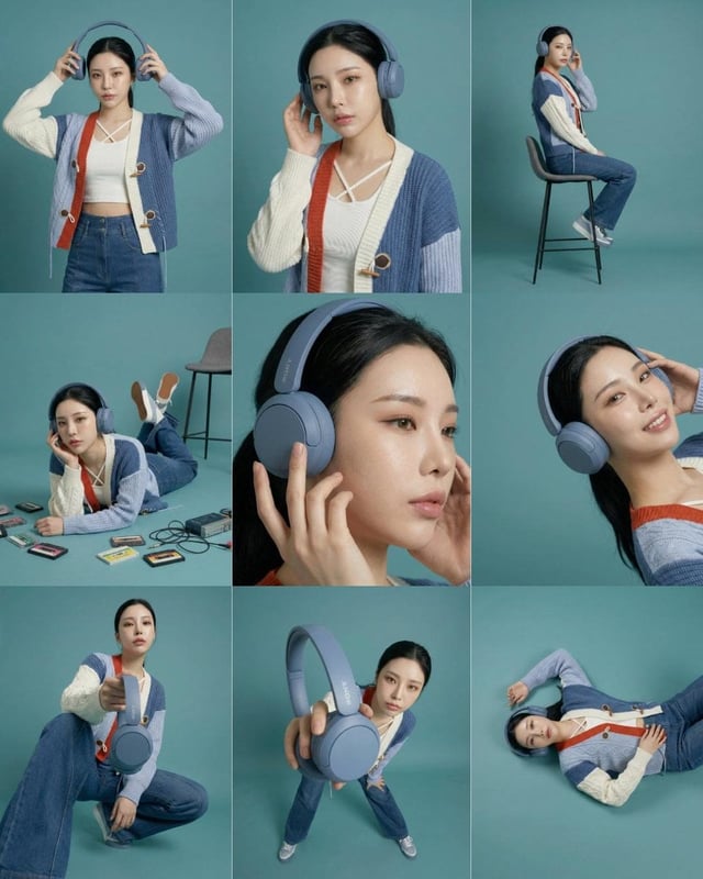 3×3 storyboard grid, nine panels, same subject and outfit, consistent teal studio background, soft d