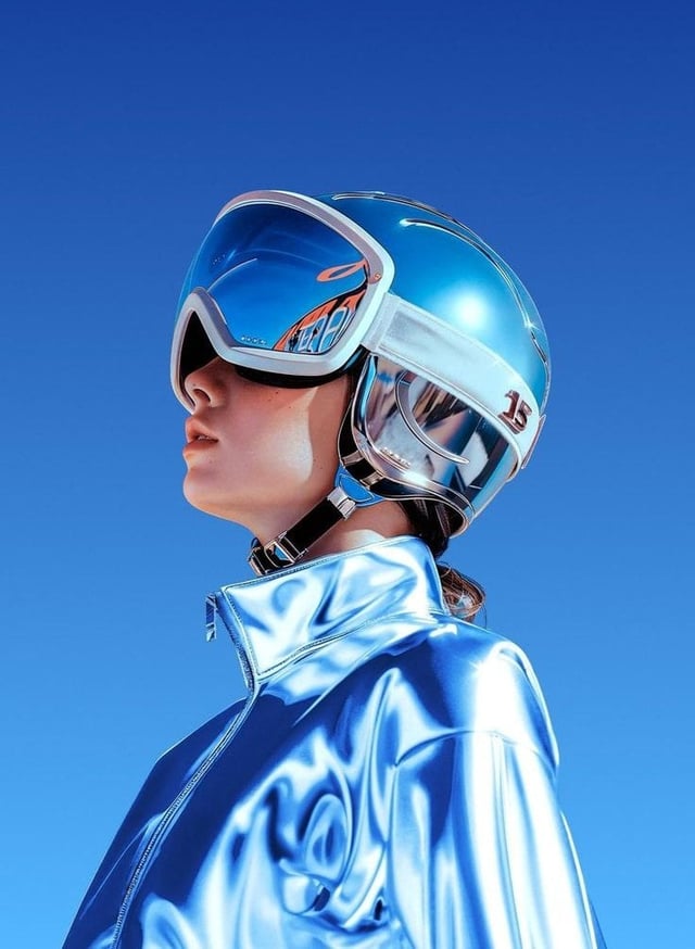Ultra-realistic futuristic portrait of a young woman in side profile facing left, wearing a reflecti