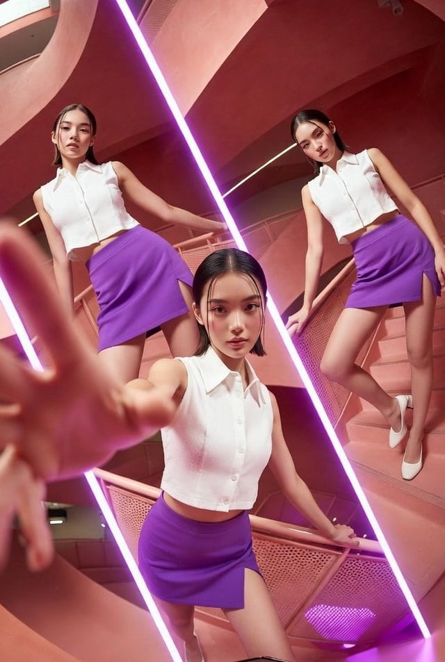A vibrant, high-fashion commercial photoshoot featuring a young stylish woman posing in multiple dyn