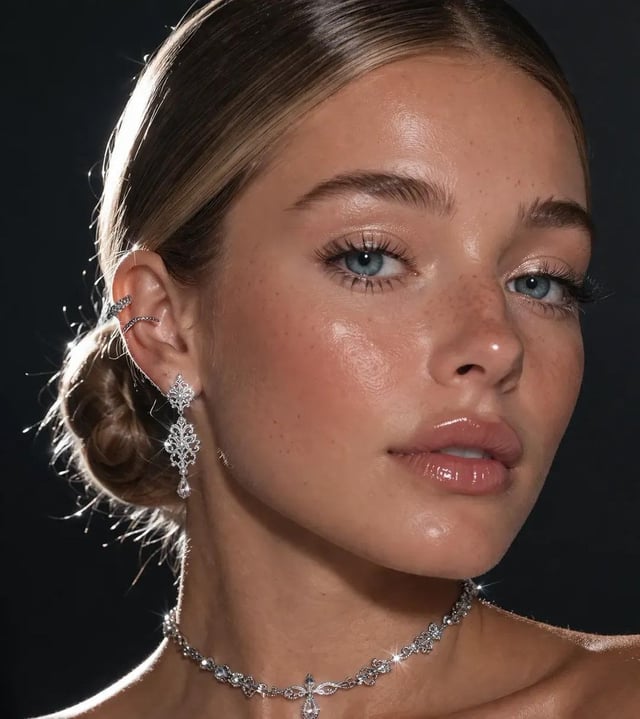 An extreme close-up focusing on a pretty lady's face and neck. She has blue eyes, she is wearing int