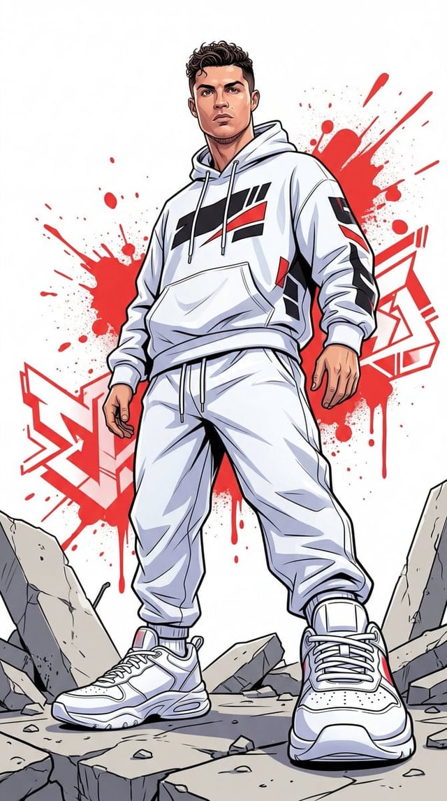 A dynamic full-body urban illustration of a man (use the exact face from the provided reference imag