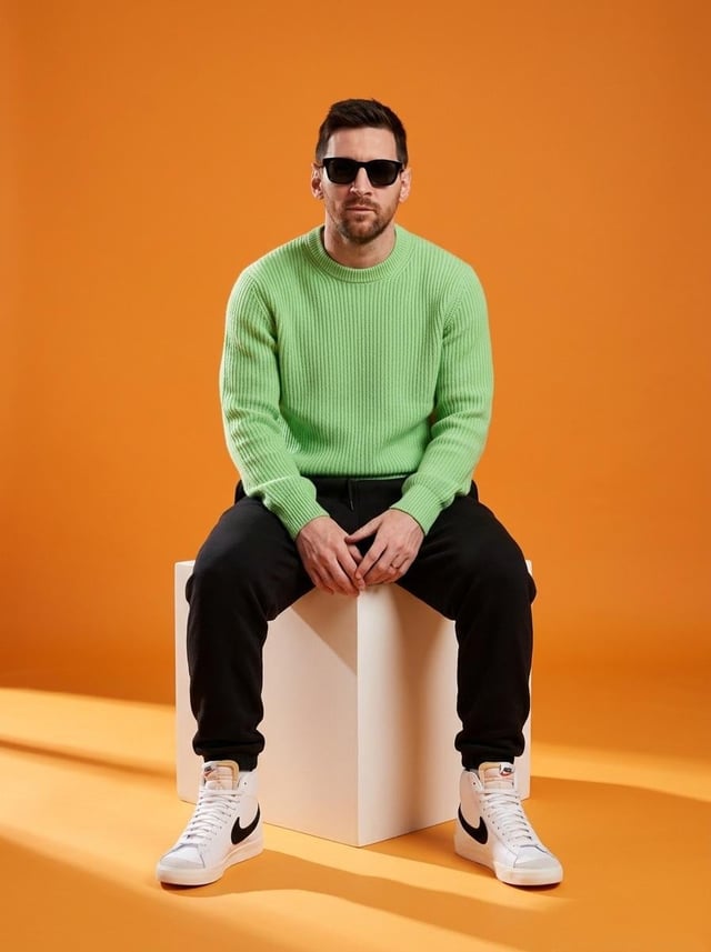 A stylish male model sitting on a white cube in a minimalist studio with a vibrant orange background