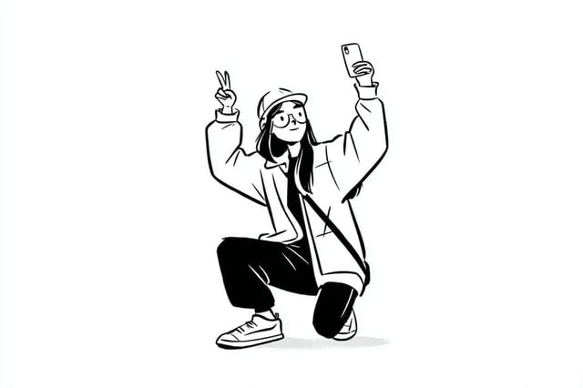 A simple black-and-white illustration of a [subject] in [outfit], [doing action], with a [facial exp