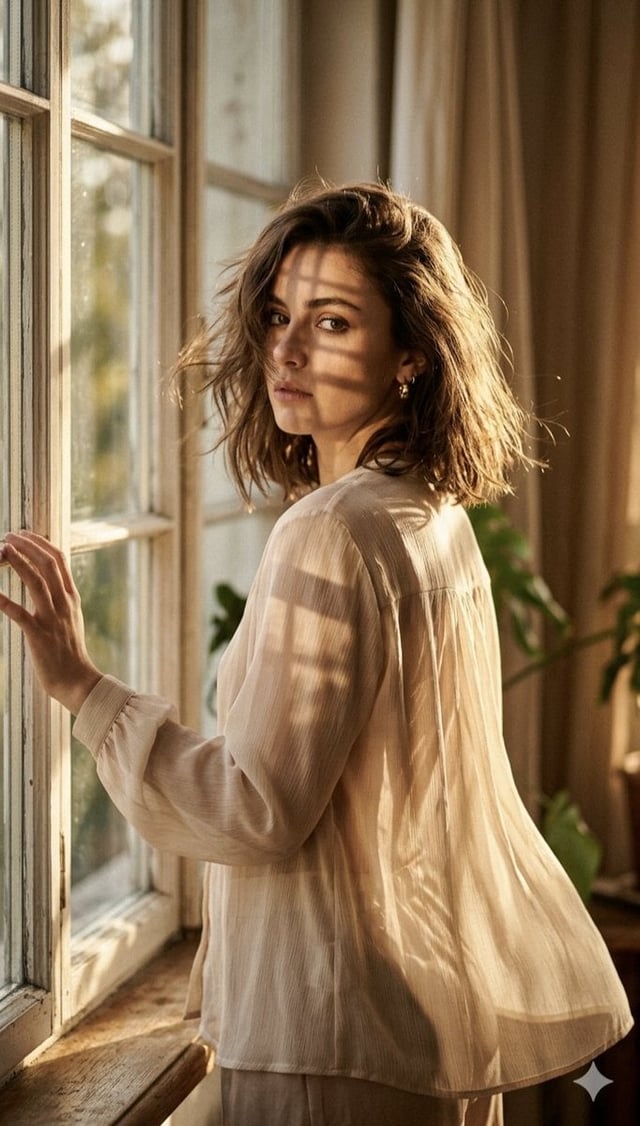 A high-fashion editorial portrait of a young woman standing by a large, rustic wooden window. She is