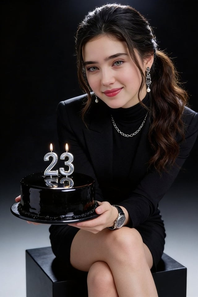 A bold, high-contrast studio photoshoot featuring a woman with the uploaded face as reference, celeb