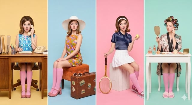 A retro-inspired studio photoshoot featuring a young woman styled in four different personas, arrang