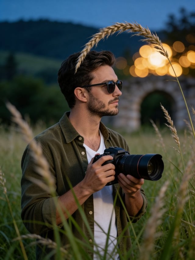 Cinematic medium shot of a young man with a trimmed beard and short brown hair, standing upright in 