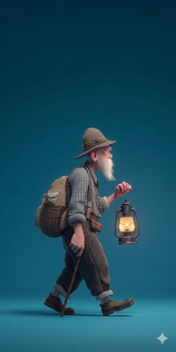 ​A stylized 3D rendered full-body profile portrait of an elderly male hiker with a long white beard,