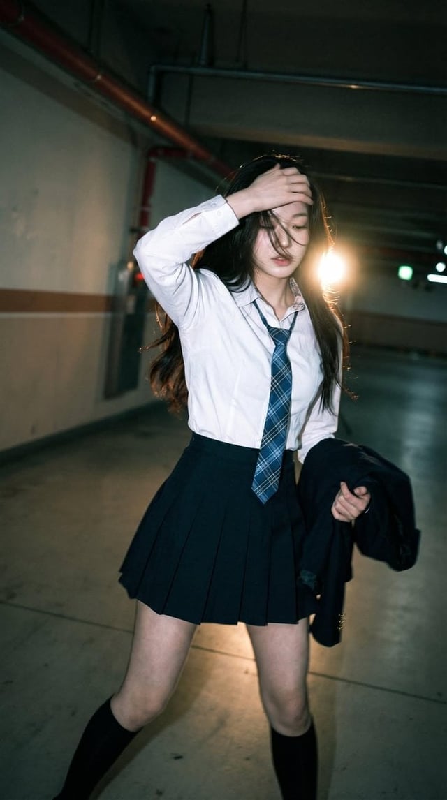 Candid portrait of a young woman in a dim parking garage, wearing a white shirt with a blue plaid ti