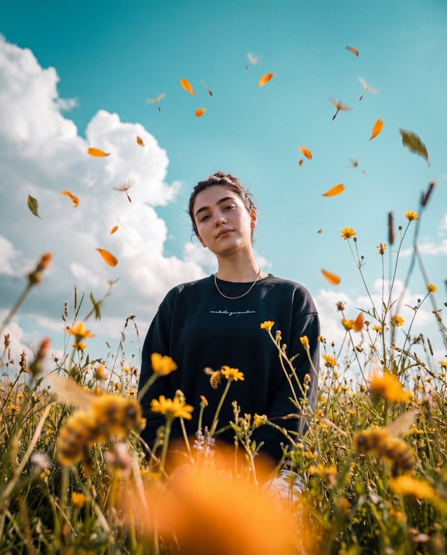 Photorealistic cinematic photo, 3:4 vertical frame, shooting from a very low point of grass/flowers 