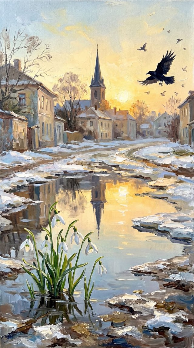 A surreal, high-resolution conceptual image depicting the transition from winter to spring. In the c