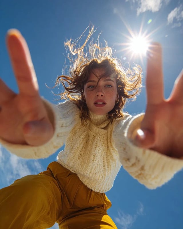 Ultra wide-angle low-angle portrait shot from ground perspective, young woman leaning over camera, h