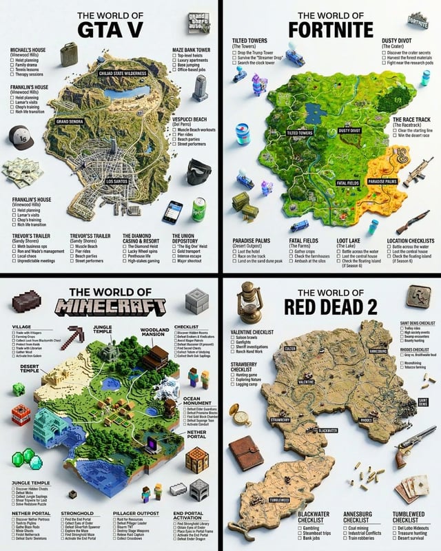 A hyper-realistic 3D game guide infographic poster for [GAME]. The in-game world of [GAME] is render